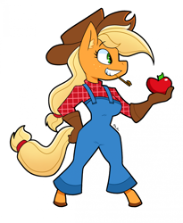 Size: 1737x2121 | Tagged: safe, artist:tysobro, imported from derpibooru, applejack, anthro, earth pony, unguligrade anthro, apple, breasts, busty applejack, clothes, female, food, grin, hand on hip, mare, overalls, plaid shirt, shirt, simple background, smiling, solo, straw in mouth, unmoving plaid, white background