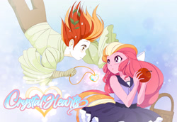 Size: 3482x2400 | Tagged: safe, artist:happypaca, imported from derpibooru, oc, oc only, oc:comet radiance, oc:honeycrisp blossom, human, equestria girls, abstract background, apple, bandage, bandaged arm, basket, clothes, dress, duo, duo male and female, falling, female, food, high res, jewelry, leaves, leaves in hair, looking at each other, looking at someone, male, necklace, offspring, parent:big macintosh, parent:princess cadance, parents:cadmac