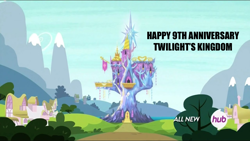 Size: 1280x720 | Tagged: safe, imported from derpibooru, screencap, twilight's kingdom, anniversary, castle, hub logo, logo, no pony, the hub, twilight's castle