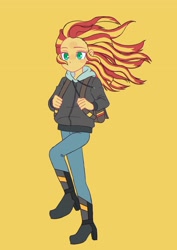 Size: 2894x4093 | Tagged: safe, artist:haibaratomoe, imported from derpibooru, sunset shimmer, human, equestria girls, bag, boots, clothes, female, high heel boots, hoodie, leggings, messy mane, shoes, simple background, solo, windswept hair, yellow background