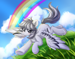 Size: 2202x1746 | Tagged: safe, artist:twilight-minkowski, imported from derpibooru, oc, oc only, oc:xiaoyu, pegasus, pony, cloud, eyebrows, eyebrows visible through hair, flying, grass, looking at you, pegasus oc, rainbow, sky, smiling, smiling at you, solo, spread wings, wings