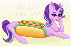 Size: 2000x1300 | Tagged: safe, artist:saltyvity, imported from derpibooru, starlight glimmer, pony, unicorn, blushing, cute, ear fluff, embarrassed, face licking, fluffy, food, happy face, heart, hot dog, licking, long glimmer, long pony, meat, pink body, purple eyes, purple hair, sausage, sexy face, simple background, solo, yellow background