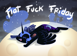 Size: 4252x3071 | Tagged: safe, artist:cutepencilcase, imported from derpibooru, nightmare moon, alicorn, pony, eyes closed, flat fuck friday, flop, lying down, moon, prone, tangible heavenly object, vulgar