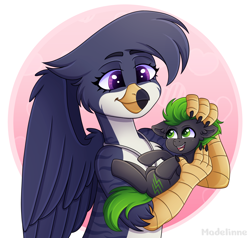 Size: 4200x4000 | Tagged: safe, artist:madelinne, imported from derpibooru, oc, oc only, oc:guava gale, earth pony, griffon, pony, cuddling, duo, earth pony oc, female, griffon oc, happy, holding a pony, male, smiling, wings
