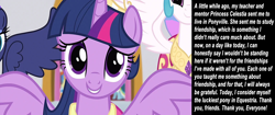 Size: 1650x692 | Tagged: safe, edit, edited screencap, editor:incredibubbleirishguy, imported from derpibooru, screencap, applejack, princess celestia, princess luna, rainbow dash, twilight sparkle, alicorn, magical mystery cure, close-up, cute, magical mystery cure tenth anniversary, speech, talking, text, twiabetes, twilight sparkle (alicorn), wings