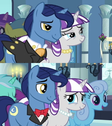 Size: 1280x1440 | Tagged: safe, imported from derpibooru, screencap, amethyst star, lemon hearts, linky, lyra heartstrings, night light, shoeshine, sparkler, twilight velvet, pony, unicorn, a canterlot wedding, magical mystery cure, ascot, ascot tie, background pony, bowtie, button-up shirt, canterlot, clothes, comparison, crying, dress shirt, female, jewelry, liquid pride, male, necklace, nightvelvet, parent, shipping, shirt, stallion, straight, suit, tailcoat, tears of joy, teary eyes, tuxedo