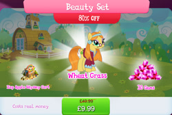 Size: 1267x852 | Tagged: safe, idw, imported from derpibooru, wheat grass, earth pony, pony, apple, bundle, bush, clothes, costs real money, ear piercing, earring, english, female, food, gameloft, gem, glasses, headband, idw showified, jewelry, mare, mobile game, my little pony: magic princess, numbers, official, piercing, sale, solo, text
