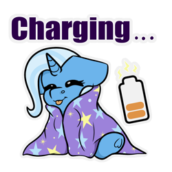 Size: 972x972 | Tagged: safe, artist:rokosmith26, imported from derpibooru, trixie, pony, unicorn, battery, blanket, charging, comfy, cozy, cute, diatrixes, eyes closed, floppy ears, happy, simple background, sitting, social battery, solo, stars, text, tongue out, transparent background, ych example, your character here