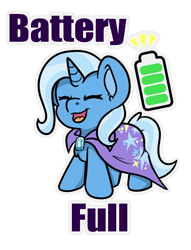 Size: 864x1131 | Tagged: safe, artist:rokosmith26, imported from derpibooru, trixie, pony, unicorn, battery, cape, chest fluff, chibi, clothes, cute, diatrixes, eyes closed, female, gem, happy, mare, open mouth, simple background, social battery, solo, standing, text, transparent background, trixie's cape