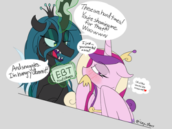Size: 1181x890 | Tagged: safe, artist:icey, imported from derpibooru, princess cadance, queen chrysalis, alicorn, changeling, changeling queen, pony, blushing, cadalis, dialogue, duo, duo female, eyelashes, female, food stamps, heart, horn, infidelity, lesbian, mare, sharp teeth, shipping, speech bubble, teeth, wings