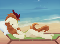 Size: 3974x2879 | Tagged: safe, artist:dusthiel, imported from derpibooru, autumn blaze, kirin, beach, belly, cloven hooves, eyes closed, female, floppy ears, leonine tail, mare, ocean, solo, tail