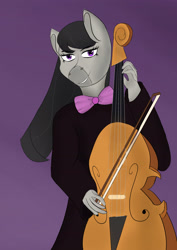 Size: 2480x3508 | Tagged: safe, artist:sh4deshad0w41, imported from derpibooru, octavia melody, anthro, earth pony, pony, bow (instrument), bowtie, female, long hair, looking at you, musical instrument, purple background, simple background, smiling, smirk, solo, standing, violin