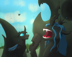 Size: 1249x991 | Tagged: safe, artist:gosha305, imported from derpibooru, queen chrysalis, changeling, changeling queen, antagonist, changeling hive, digital art, fangs, hooves, open mouth, yawn