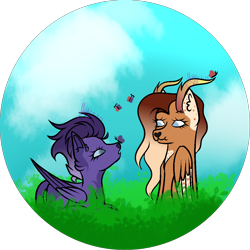 Size: 1200x1200 | Tagged: safe, artist:thecommandermiky, imported from derpibooru, oc, oc only, oc:miky command, oc:trystan, butterfly, deer, hybrid, pegasus, blue eyes, circle background, cloud, cloudy, deer oc, duo, duo female, female, grass, grass field, horn, mare, non-pony oc, pegasus oc, wings
