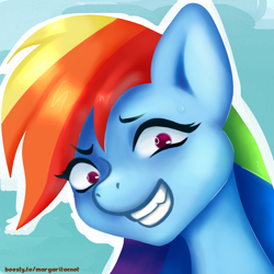 Size: 2000x2000 | Tagged: safe, artist:margaritaenot, imported from derpibooru, rainbow dash, pegasus, pony, blue background, bust, gradient background, grin, portrait, simple background, smiling, solo