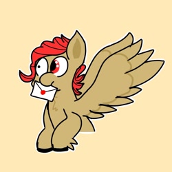 Size: 1028x1027 | Tagged: safe, artist:realjoel456, imported from derpibooru, oc, pegasus, pony, letter, mismatched eyes, mouth hold, simple background, solo, yellow background