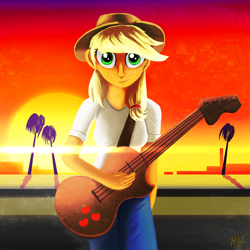 Size: 1500x1500 | Tagged: safe, artist:jphyperx, imported from derpibooru, applejack, equestria girls, bass guitar, musical instrument, palm tree, retrowave, solo, street, sunset, synthwave, tree