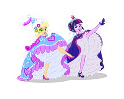 Size: 5590x4471 | Tagged: safe, artist:sapphiregamgee, imported from derpibooru, applejack, twilight sparkle, human, equestria girls, absurd resolution, blurry, can-can, clothes, dress, froufrou glittery lacy outfit, gown, high heels, low quality, petticoat, princess, shoes, simple background, white background