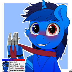 Size: 2000x2000 | Tagged: safe, artist:h3nger, imported from derpibooru, oc, oc:bluethecake, cyborg, pony, unicorn, horny on main, looking at you, smiling, solo, text