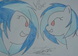 Size: 600x435 | Tagged: safe, artist:lovylovecristal, imported from derpibooru, dj pon-3, vinyl scratch, human, pony, unicorn, equestria girls, grin, human ponidox, looking at each other, looking at someone, missing accessory, missing horn, self paradox, self ponidox, smiling, smiling at each other, smirk, traditional art