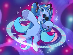 Size: 2030x1543 | Tagged: safe, artist:nadaburner, artist:syrupyyy, imported from derpibooru, kotobukiya, earth pony, pony, anime, belly, blushing, collaboration, cute, female, hatsune miku, kotobukiya hatsune miku pony, mare, microphone, music notes, necktie, open mouth, ponified, singing, solo, vocaloid