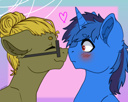 Size: 700x560 | Tagged: safe, artist:duskooky, artist:kooky, imported from derpibooru, oc, oc only, oc:bluethecake, oc:donnik, pegasus, pony, unicorn, blushing, boop, gradient background, nuzzling, surprised