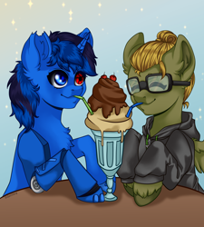 Size: 2160x2400 | Tagged: safe, artist:duskooky, artist:kooky, imported from derpibooru, oc, oc only, oc:bluethecake, oc:donnik, pegasus, pony, unicorn, blushing, drink, gradient background, happy, milkshake