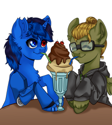 Size: 2160x2400 | Tagged: safe, artist:duskooky, artist:kooky, imported from derpibooru, oc, oc only, oc:bluethecake, oc:donnik, pegasus, pony, unicorn, blushing, drink, happy, milkshake, simple background, transparent background