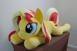 Size: 5058x3372 | Tagged: safe, artist:azgchip, imported from derpibooru, sunset shimmer, pony, unicorn, cute, female, life size, lying down, mare, photo, plushie, prone, solo, sploot