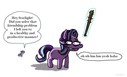 Size: 3196x1939 | Tagged: safe, artist:punkittdev, imported from derpibooru, starlight glimmer, twilight sparkle, alicorn, pony, unicorn, baseball bat, blatant lies, club, dialogue, duo, female, grin, levitation, magic, mare, narrowed eyes, nervous laugh, simple background, smiling, speech bubble, spiked club, telekinesis, twilight sparkle (alicorn), white background
