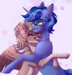 Size: 871x910 | Tagged: safe, artist:venik, imported from derpibooru, oc, oc only, oc:amoo, oc:amy bloodeye, oc:blue cola, pegasus, pony, unicorn, zebra, blonde, blue mane, commission, couple, duo, eyes closed, female, gift art, glasses, gradient hooves, green eyes, hair bun, happy, horn, hug, male, mare, pegasus oc, pony oc, relationship, short mane, smiling, spread wings, stallion, straight, unicorn oc, wings, zebra oc