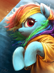 Size: 1987x2697 | Tagged: safe, artist:xyq, imported from derpibooru, rainbow dash, pegasus, pony, clothes, couch, female, lying down, mare, on side, signature, solo, technical advanced