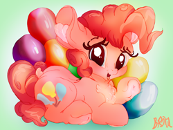 Size: 3200x2400 | Tagged: safe, artist:br0via, imported from derpibooru, pinkie pie, earth pony, pony, balloon, female, frog (hoof), hoofbutt, lying down, mare, prone, solo, underhoof