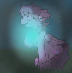 Size: 509x512 | Tagged: artist needed, safe, imported from derpibooru, oc, oc:emilia starsong, pegasus, pony, bow, eyes closed, female, glowing, grass, grass field, night, rain, singing, solo, tail, tail bow