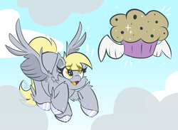 Size: 1500x1100 | Tagged: safe, artist:starcasteclipse, imported from derpibooru, derpy hooves, pegasus, pony, cheek fluff, colored hooves, eye clipping through hair, female, flying, food, freckles, mare, muffin, open mouth, open smile, smiling, solo, winged muffin