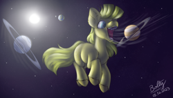 Size: 3662x2080 | Tagged: safe, artist:lightning bolty, imported from derpibooru, oc, oc only, oc:lemon drop, earth pony, pony, backlighting, colored, ear fluff, earth pony oc, edible heavenly object, female, lighting, macro, moon, object vore, open mouth, planet, planet vore, planetary ring, pony bigger than a planet, shading, signature, solo, space, stars, sun, unshorn fetlocks, vore