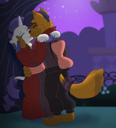 Size: 854x935 | Tagged: safe, artist:faitheverlasting, imported from derpibooru, capper dapperpaws, rarity, abyssinian, semi-anthro, unicorn, bow, canterlot gardens, capperity, clothes, commission, dress, duo, eyes closed, female, hat, jewelry, kissing, male, mare, night, shipping, straight, tree