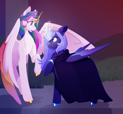 Size: 1600x1481 | Tagged: safe, artist:wifflethecatboi, imported from derpibooru, princess celestia, princess luna, alicorn, pony, alicorn amulet, blue mane, cape, castle of the royal pony sisters, cel shading, clothes, colored hooves, colored wings, crown, duo, eyebrows, eyebrows visible through hair, eyelashes, folded wings, gold hooves, gold horn, gradient wings, green mane, hoof polish, hooves, horn, jewelry, kokoshnik tiara, magic, magic aura, multicolored mane, outdoors, pink mane, purple eyes, regalia, s1 luna, scared, shading, sharp horn, silver hooves, silver horn, spread wings, tiara, turquoise eyes, white coat, wings