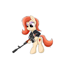 Size: 1800x1600 | Tagged: safe, artist:amateur-draw, imported from derpibooru, oc, oc only, oc:phosphor flame, earth pony, pony, bipedal, clothes, dragunov, female, gun, jacket, leather, leather jacket, makeup, mare, rifle, scope, shirt, simple background, sniper rifle, solo, weapon, white background