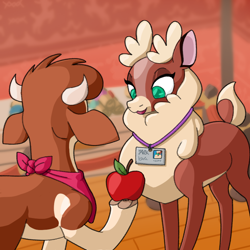 Size: 800x800 | Tagged: safe, artist:0xyr0, imported from derpibooru, cow, deer, reindeer, them's fightin' herds, apple, arizona (tfh), cloven hooves, community related, duo, food, happy, hoof hold, museum, name tag, scroll