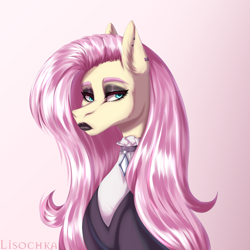 Size: 4000x4000 | Tagged: safe, artist:lisochka69, imported from derpibooru, fluttershy, pegasus, pony, absurd resolution, black lipstick, bust, eyeshadow, female, fluttergoth, gradient background, lidded eyes, lipstick, looking offscreen, makeup, mare, signature, solo