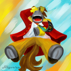 Size: 1024x1024 | Tagged: safe, artist:higvern, imported from derpibooru, oc, oc only, oc:collapse, cyborg, earth pony, pony, abstract background, amputee, laughing, necktie, prosthetic limb, prosthetics, solo