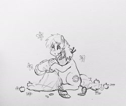 Size: 2047x1725 | Tagged: safe, artist:punkittdev, imported from derpibooru, big macintosh, butterfly, earth pony, pony, apple, clothes, dress, food, sitting, sketch, solo, trans big macintosh, wip