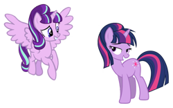 Size: 1600x1000 | Tagged: safe, edit, imported from derpibooru, vector edit, starlight glimmer, twilight sparkle, alicorn, pony, unicorn, alicornified, alternate universe, bedroom eyes, grin, ponytail, race swap, role reversal, simple background, smiling, starlicorn, transparent background, unicorn twilight, vector, xk-class end-of-the-world scenario