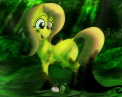 Size: 2500x2000 | Tagged: safe, artist:sixes&sevens, imported from derpibooru, fluttershy, frog, pegasus, pony, dirty, female, flower, grass, lilypad, looking down, mare, mud, muddy, open mouth, outdoors, smiling, solo, swamp, tree, water