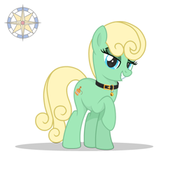 Size: 2500x2500 | Tagged: safe, artist:r4hucksake, imported from derpibooru, oc, oc only, oc:golden pistachio, earth pony, pony, collar, eyeshadow, female, looking at you, makeup, mare, raised hoof, simple background, solo, story included, transparent background