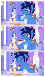 Size: 6000x10204 | Tagged: safe, artist:n0kkun, imported from ponybooru, oc, oc:feathertrap, oc:marquis majordome, pony, unicorn, ballerina, clothes, comforting, comic, commission, crossdressing, explanation in the description, femboy, food, friendship, gift art, glasses, male, males only, mug, music box, nuzzling, shrunken ponies, sissy, stallion, stallions only, talking, tea, tutu, vector, venting
