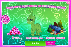 Size: 1965x1296 | Tagged: safe, idw, imported from derpibooru, alien, alien pony, original species, plant pony, tree pony, advertisement, bush, costs real money, english, gameloft, gem, greedloft, green, holiday, idw showified, mobile game, my little pony: magic princess, numbers, official, plant, plant creature pony, saint patrick's day, sale, solo, spaceship, text, tree