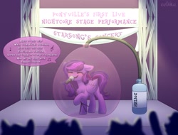 Size: 2048x1559 | Tagged: safe, artist:ev04ka, imported from derpibooru, oc, oc:emilia starsong, pegasus, balloon, banner, blushing, caramelldansen, crowd, eyes closed, female, heliox, helium, helium tank, helium voice, microphone, performance, singing, stage