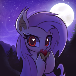 Size: 2048x2048 | Tagged: safe, artist:thebigstuff89, imported from derpibooru, fluttershy, bat pony, pony, apple, bat ears, bat ponified, cute, fangs, female, flutterbat, food, full moon, heart, heart eyes, high res, hoof hold, looking at you, mare, moon, night, night sky, race swap, shyabetes, sky, solo, wingding eyes